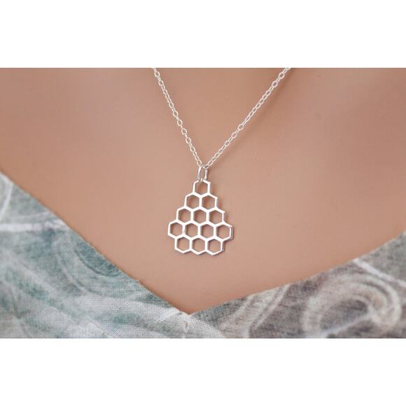 Sterling Silver Honey Comb Charm Necklace, Silver Honey Comb Charm - Picture 1 of 4
